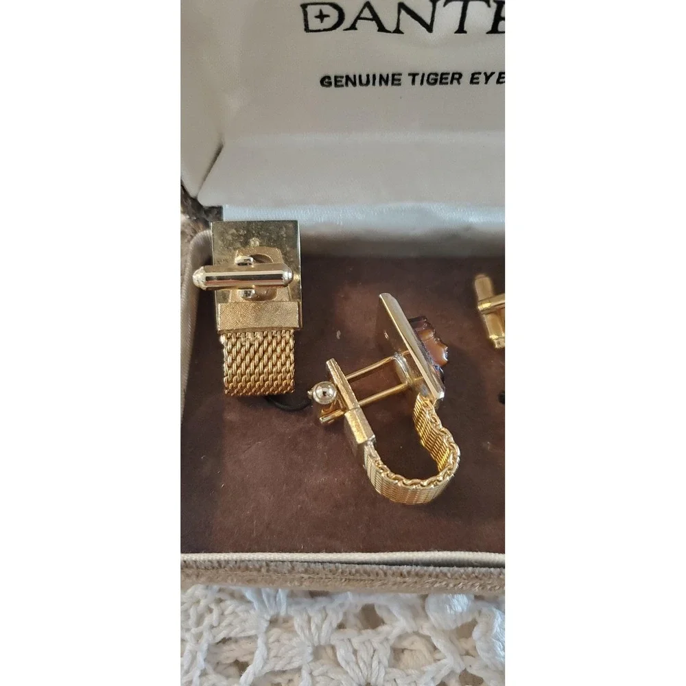 Vintage Dante‎ Genuine Tiger Eye Mens Cufflinks Set Mesh Wrap Gold Tone Boxed